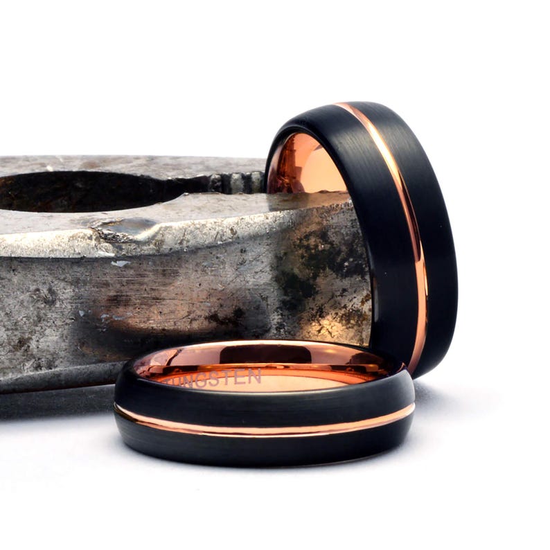 Black and Rose Gold Couple Promise Rings Set - Tungsten Bands 6mm & 8mm image 6