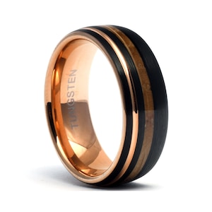 Tungsten Whiskey Barrel Wood Ring: Rose Gold Inlay, Comfort Fit