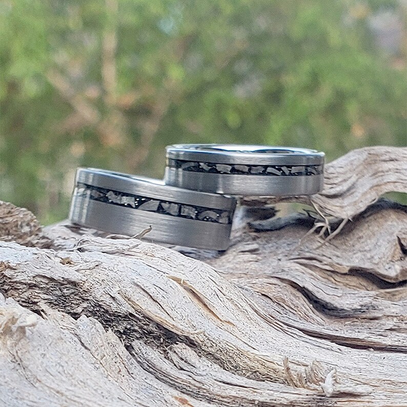 Brushed Gun-Metal Tungsten Carbide Ring Meteorite Chip Inlay Wedding Band Set
