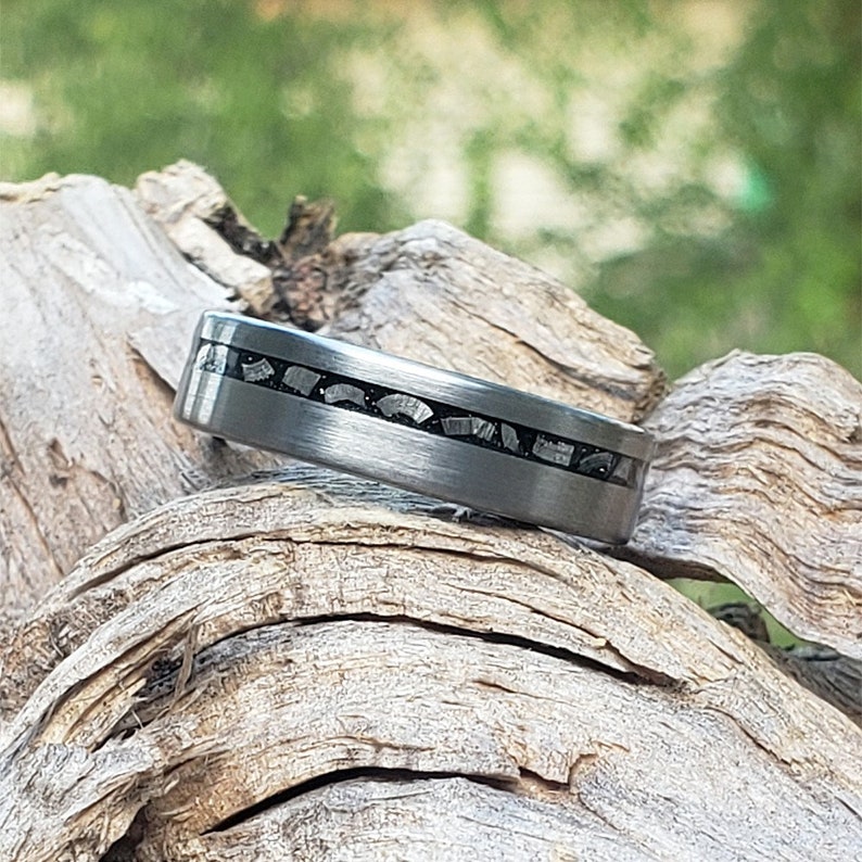 Brushed Gun-Metal Tungsten Carbide Ring Meteorite Chip Inlay Wedding Band  6mm
