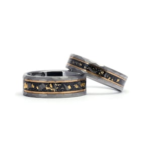 Gold Leaf Tungsten Meteorite Wedding Bands - Couple Rings Set