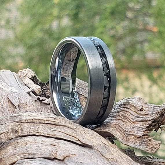 Brushed Gun-Metal Tungsten Carbide Ring Meteorite Chip Inlay Wedding Band 8mm 6mm