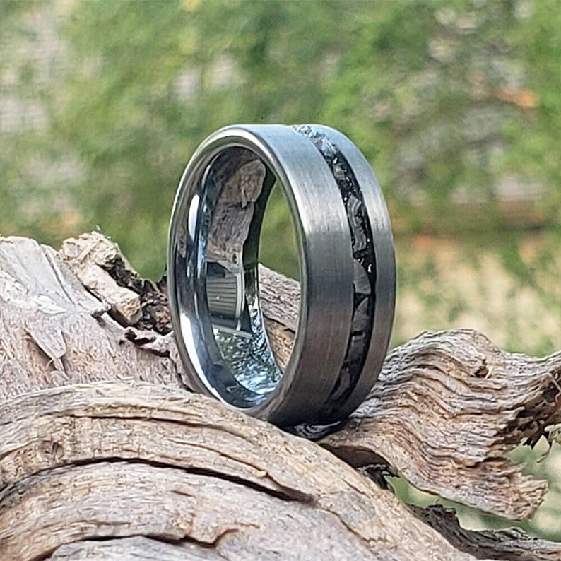 Brushed Gun-Metal Tungsten Carbide Ring Meteorite Chip Inlay Wedding Band 8mm