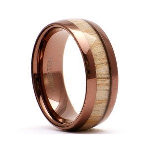 Brown Tungsten Wedding Ring with Nature Wood Inlay, Classic Brown Rustic Unisex Comfort Fit Wedding Band, Elegant Polished Ring Wood