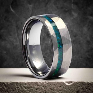 Green Opal Ring Men's Wedding Band, Hammered Tungsten - 6mm 8mm