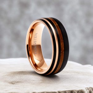 Whiskey Barrel Ring, Men's Wedding Band, Wood Inlay Black Tungsten Ring, 6mm 8mm