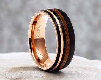 Whiskey Barrel Ring, Men's Wedding Band, Wood Inlay Black Tungsten Ring, 6mm 8mm