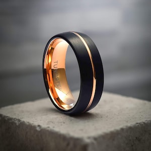 Tungsten Ring, Men&#39;s Wedding Band, Tungsten Men&#39;s Black Wedding Band, Black Dome Ring, Rose Gold Ring, Rose Gold Band Black