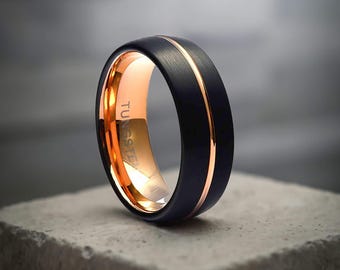 Black Tungsten Ring, Mens Wedding Band with Rose Gold - Personalized