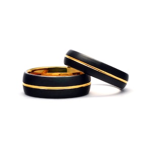 Black Tungsten Wedding Bands Set: Brushed Gold Inlay, Comfort Fit