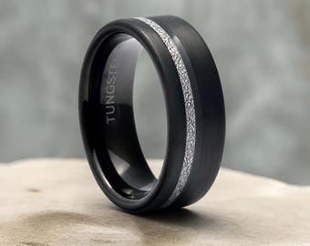 Black Tungsten Meteorite Ring, Men's Wedding Band, 6mm 8mm - Personalized
