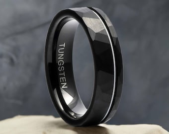 6mm Black Hammered Tungsten Men's Wedding Ring with Real Guitar String Inlay