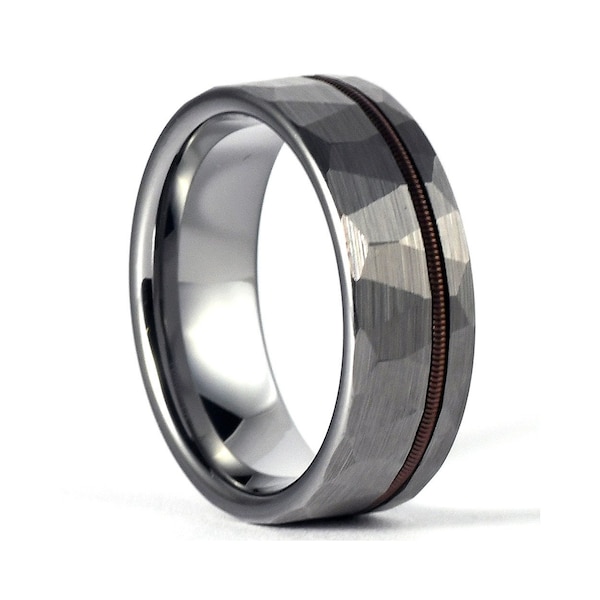 Grey Tungsten Ring with Guitar String Hammered Ring Textured Band Gun Metal Personalized Band Streetwear Musician Jewelry Guitar String Ring