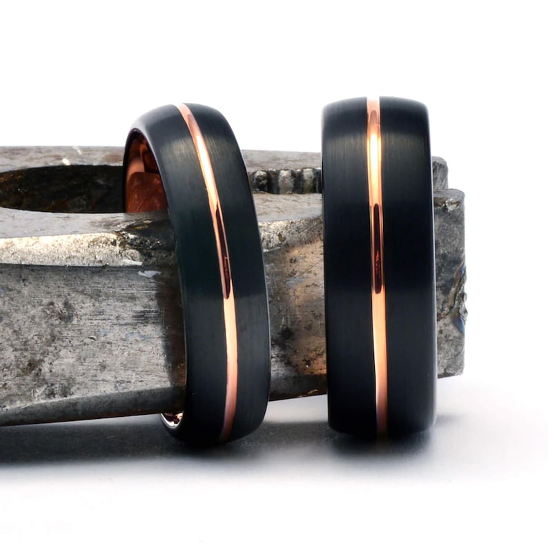 Black and Rose Gold Couple Promise Rings Set - Tungsten Bands 6mm & 8mm image 7