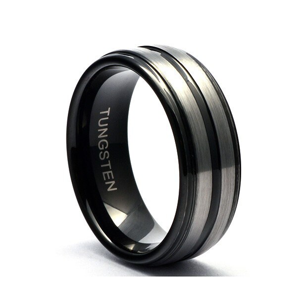 8mm Black Tungsten Carbide Men's Ring - Two Tone Brushed Finish, Comfort Fit Wedding Band (Size 11.5)