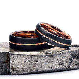 Black and Rose Gold Couple Promise Rings Set - Tungsten Bands 6mm & 8mm image 8