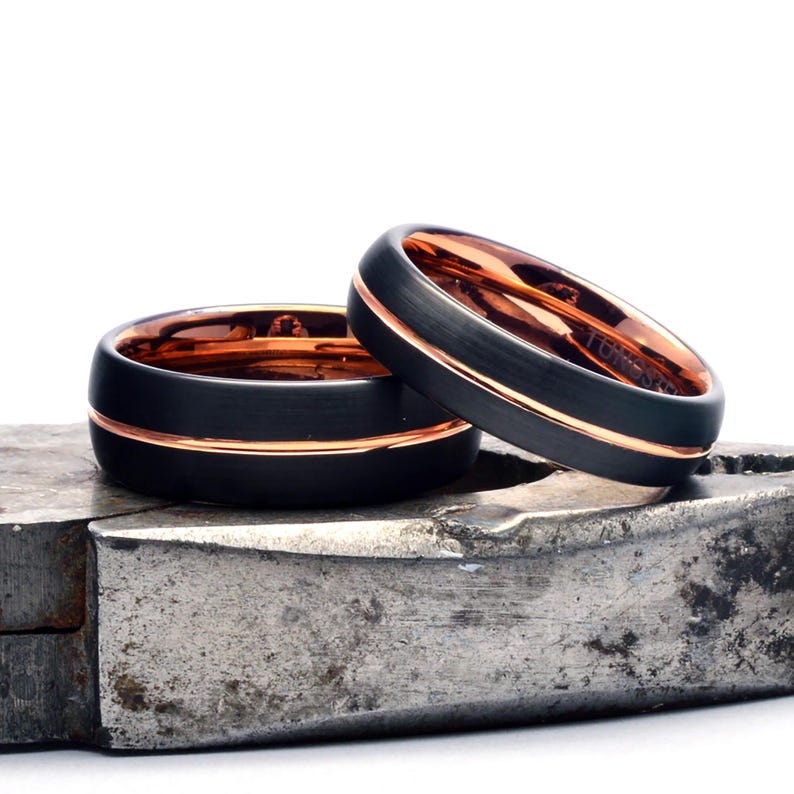 Black and Rose Gold Couple Promise Rings Set - Tungsten Bands 6mm & 8mm image 8