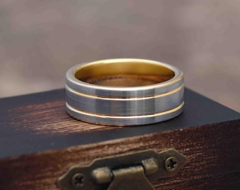 Brushed Tungsten Gold Wedding Band - 18K Yellow Gold - 8MM