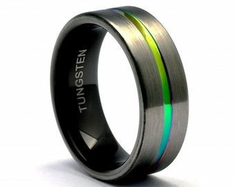 Matte Gunmetal Tungsten Ring: Rainbow Pride Wedding Band