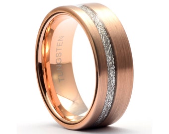 Meteorite Rose Ring Tungsten Men's Wedding Band Rose Gold Tungsten Ring Meteorite Band Rose Wedding Ring for Men Engraved Wedding Ring