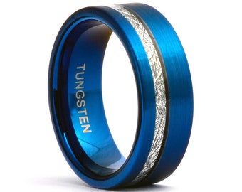 Blue Tungsten Meteorite Ring, Men&#39;s Wedding Band