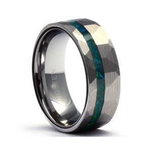 Mens Emerald Ring, Emerald Mens Wedding Band, Green Gemstone Ring, Tungsten Eternity Band with Crushed Green Emerald,  8mm or 6mm Wide