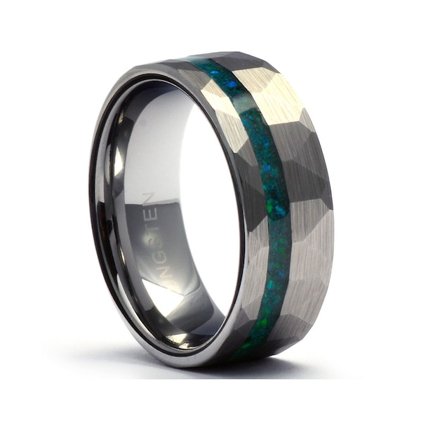Eternity Emerald Green Opal Ring Band, Hammered Wedding Ring, Tungsten Mens Wedding Band with Crushed Green Emerald, Mens Emerald Ring