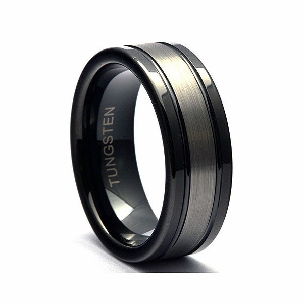 Mens tungsten wedding band black - 8mm black tungsten wedding ring for men - comfort fit tungsten carbide ring - mens wedding band black