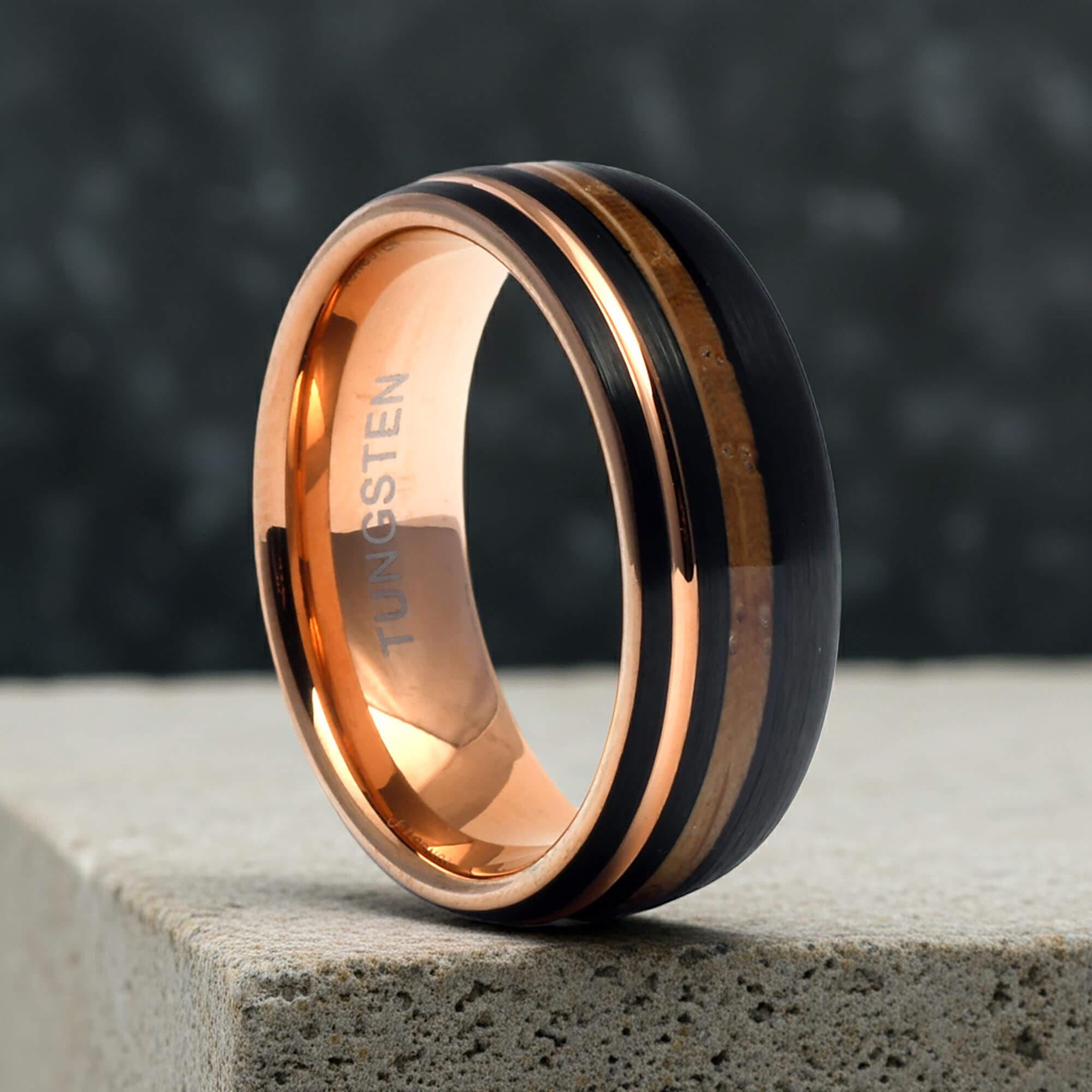 Tommyway Jewelry Men's Black Tungsten Ring | Charred Whiskey Barrel Wood & Rose Gold Plated | 8mm