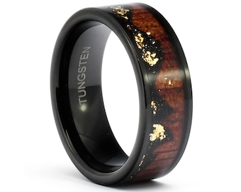 Koa Wood Wedding Ring with Crushed Gold, Black Tungsten Wood Ring for Men or Women in 6mm-8mm, Unique Tungsten Wedding Band, Handmade Gift