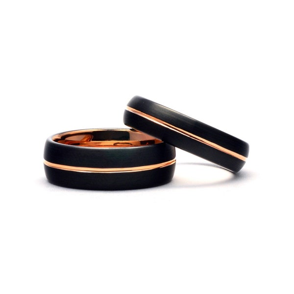 Wedding Rings for Couples Tungsten Bands for Men and Women - Black & Rose Gold Rings - Tungsten Wedding Bands Matching Set - Couple Rings