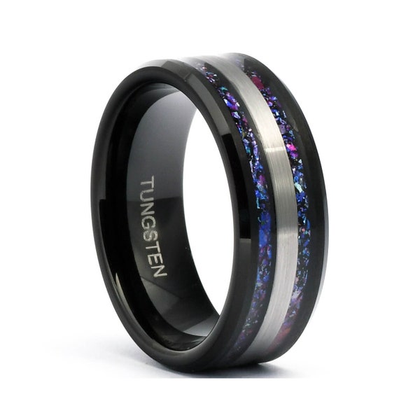Black Opal Ring, Orion Nebula Ring, Tungsten Outer Space Ring, 8mm-6mm Man Woman Wedding Ring, Comfort Fit, Black, Dome, Polish Smooth
