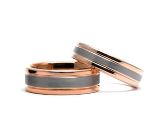 Tungsten Wedding Bands Set Rose Gold Couple Rings - 6mm and 8mm Matching Bands