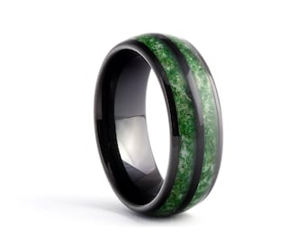 Mens Moss Agate Ring, Black Tungsten Wedding Band, 4mm, 6mm, and 8mm Widths