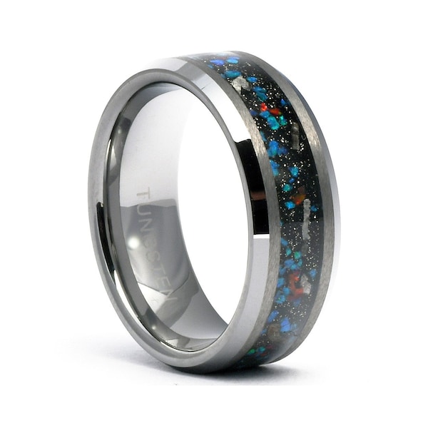 Mens Tungsten Wedding Ring, Galaxy Opal Ring, Womens Wedding Band, Opal Tungsten Ring, Astronomy Ring, Star Wedding Band, Fantasy ring