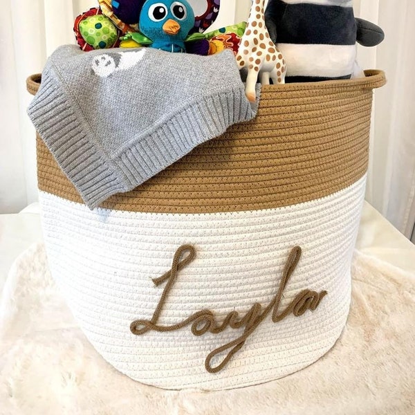 Personalised Woven Rope Baskets, Nursery Toy basket, Blanket Storage, Laundry basket,Pet Toys, White and Beige