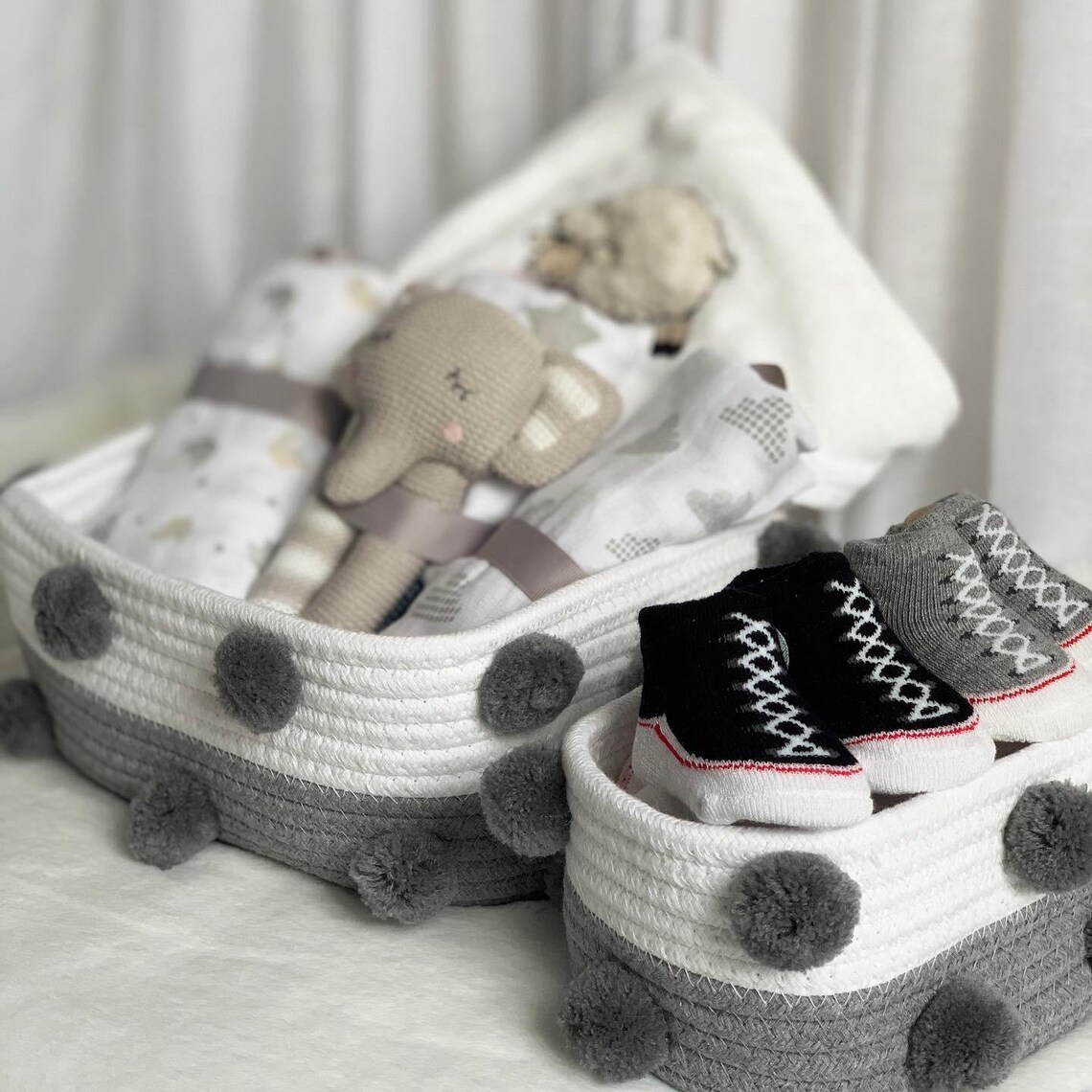 Set of 3 Woven Rope Pom Pom Basket Nursery Storage Baby Etsy UK