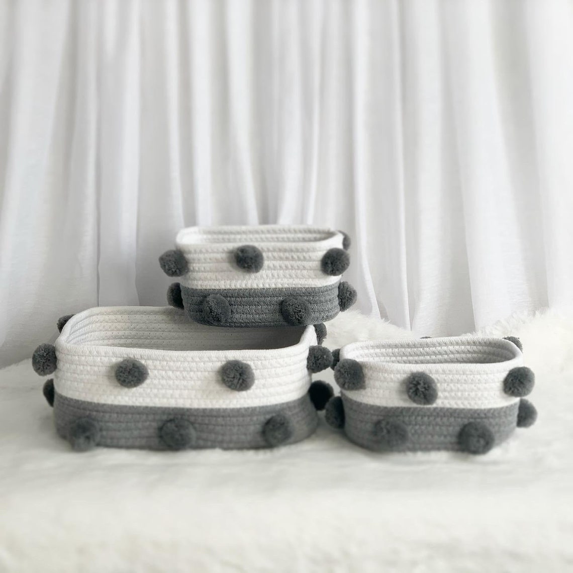 Set of 3 Woven Rope Pom Pom Basket Nursery Storage Baby Etsy UK
