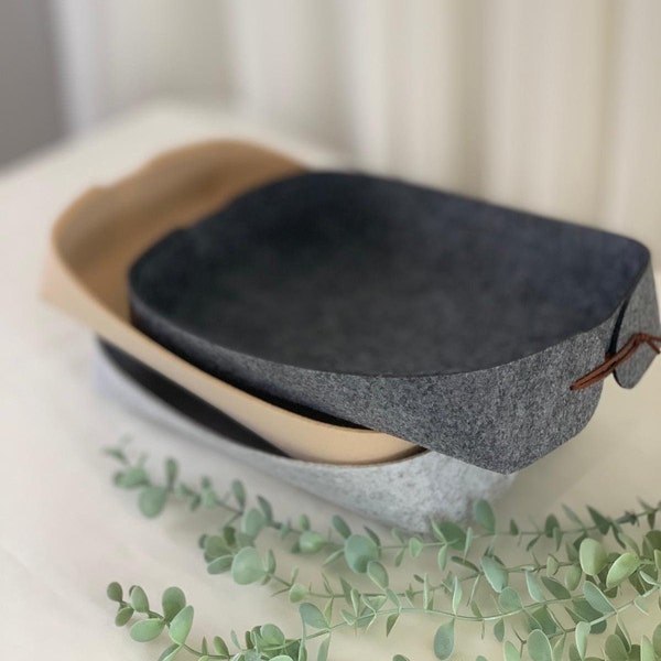 Felt Basket with faux leather strap, Scandinavian Felt storage Organiser, baby nursery basket, drawer tidy Tray 28x18x6cm