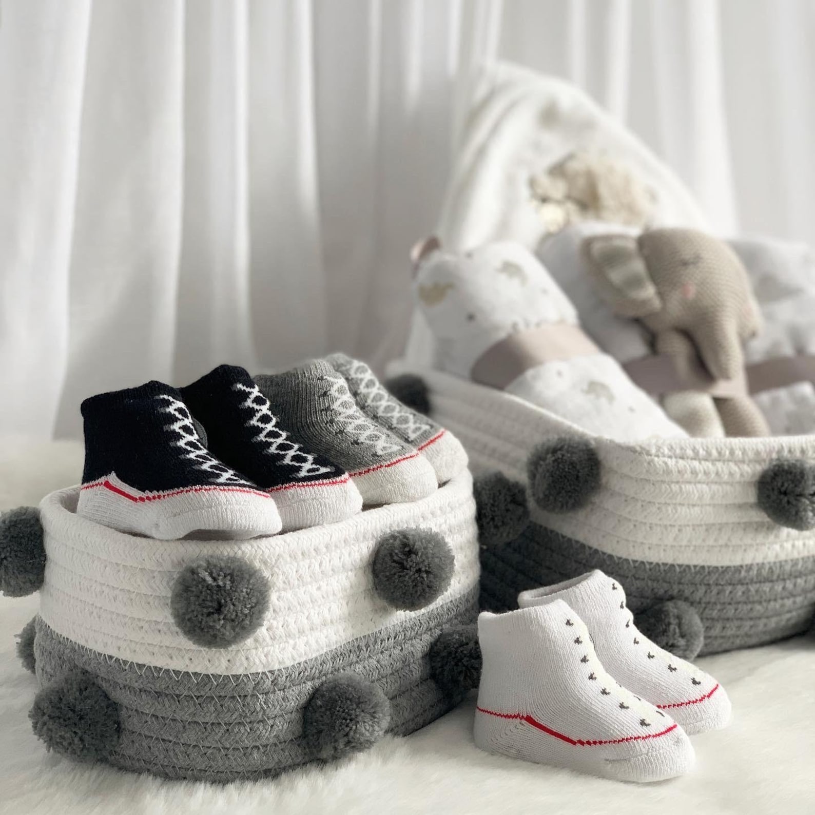 Set of 3 Woven Rope Pom Pom Basket Nursery Storage Baby Etsy UK