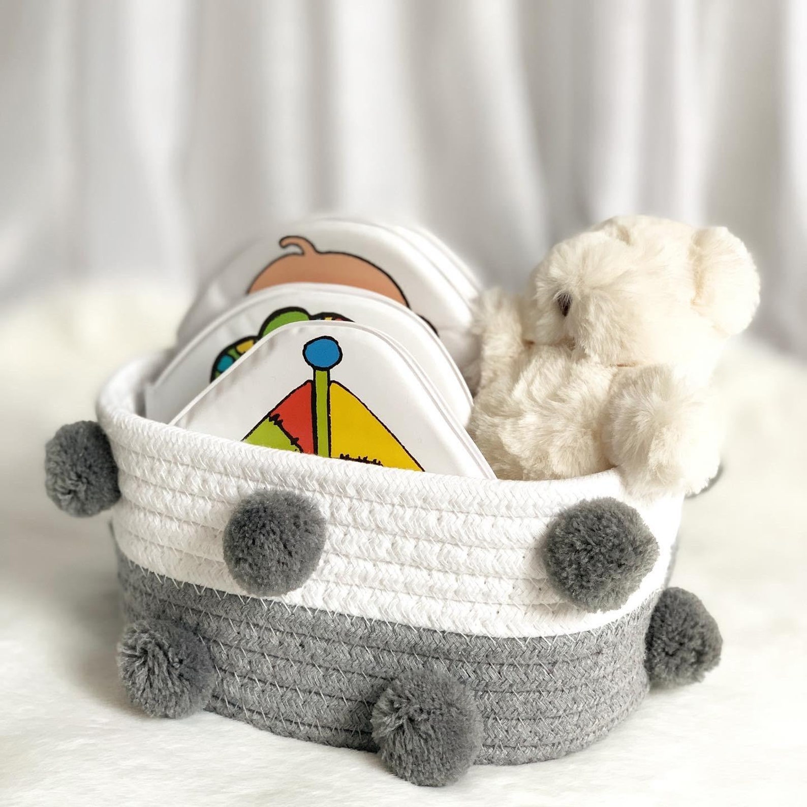 Set of 3 Woven Rope Pom Pom Basket Nursery Storage Baby Etsy UK