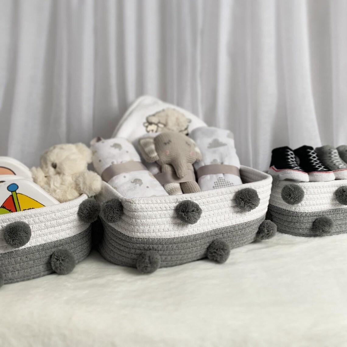 Set of 3 Woven Rope Pom Pom Basket Nursery Storage Baby Etsy UK