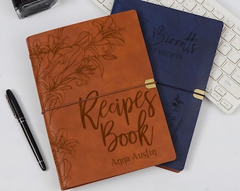 Leather Recipe Book Personalized,Family Recipe Book,Journal with Name, Engraved Name Journal Notebook,Birthday Gift for Mom, Custom Notebook
