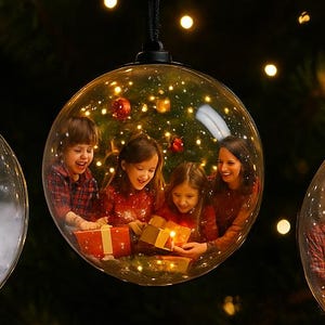 Może przedstawiać: Trzy przezroczyste bombki choinkowe wiszące na drzewie. Każda bombka zawiera inną scenę rodzinną: dziecko na śniegu, rodzina otwierająca prezenty i rodzina przy stole. Drzewko jest ozdobione czerwonymi i złotymi bombkami i światełkami.