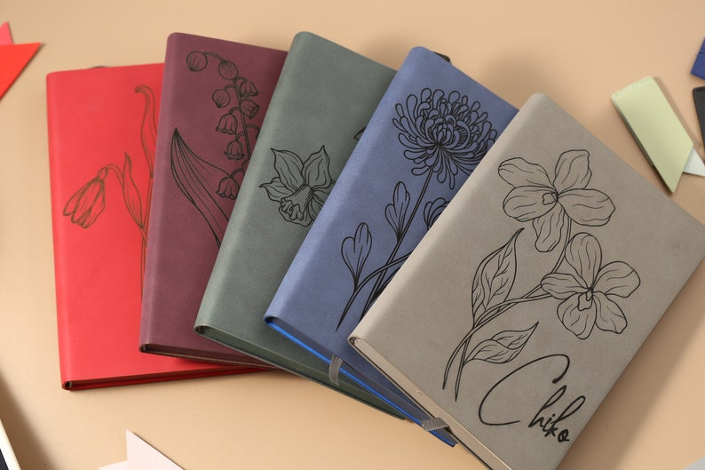 May include: Five different colored notebooks with floral designs and the word "Chiko" on the gray notebook.