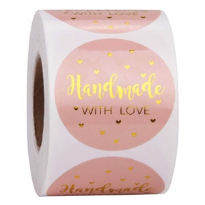 500 stuks handgemaakt met liefdesstickers, business box label roze goudfolie, bakkerijstickers op rol, ronde stickers van 1 inch verpakking