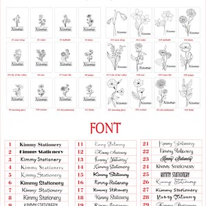 May include: A set of 30 designs for personalized stationery featuring various floral illustrations. Each design includes a space for a name and a number. The designs are arranged in rows of four, with the numbers 1-30 listed on the left side of the image.