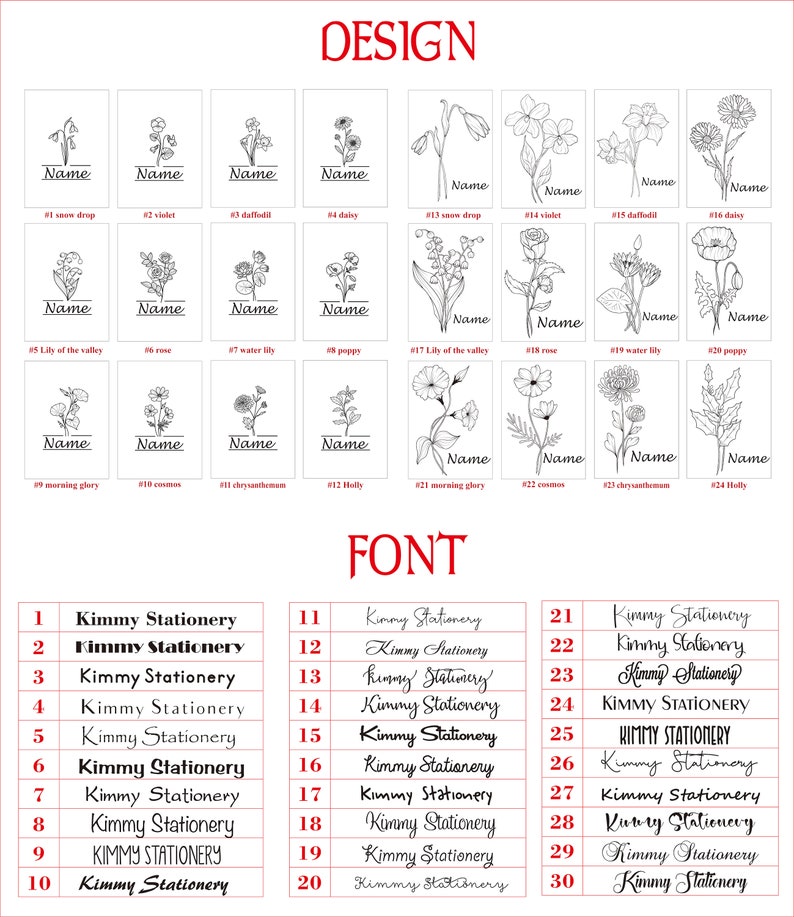 May include: A set of 30 designs for personalized stationery featuring various floral illustrations. Each design includes a space for a name and a number. The designs are arranged in rows of four, with the numbers 1-30 listed on the left side of the image.