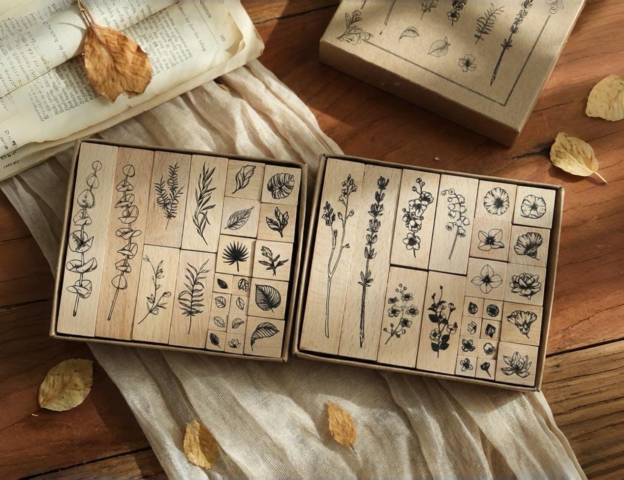 22 pcs Wooden Floral Leaf Rubber Stamp Set, summer flower Card Making Scrapbooking, DIY Sketchbook & Diary Embellishment, Journal Stamp