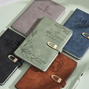May include: Five different personalized wedding planner notebooks with various designs and colors. The notebooks have a lock and key design and are made of faux leather. The text on the notebooks includes "future mrs. WILLIAMS Wedding Planner", "ANNA DANIEL", "W WILLIAMS WEDDING", "De Mrs Will Wedding Pla", and "NA OB 2024".